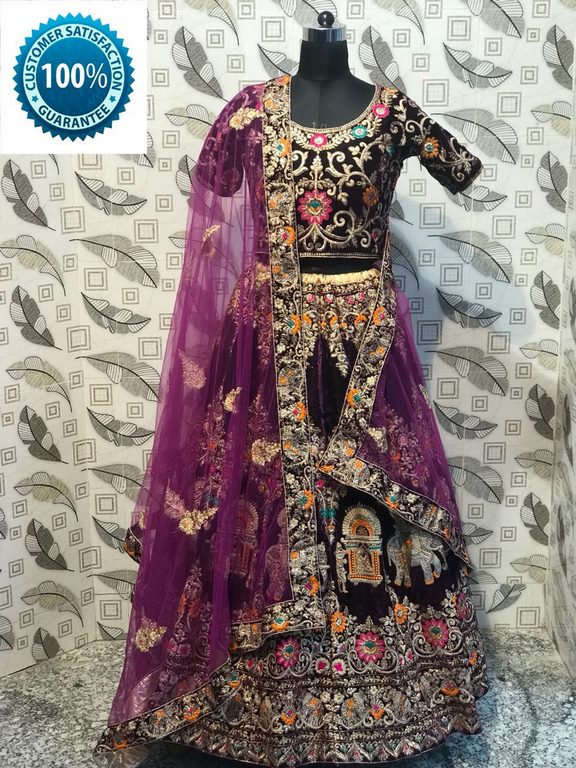 Purple indian velvet heavy embroidered wedding lehenga