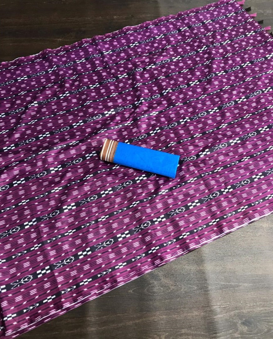 Purple italian finished cotton silk digital printed work saree