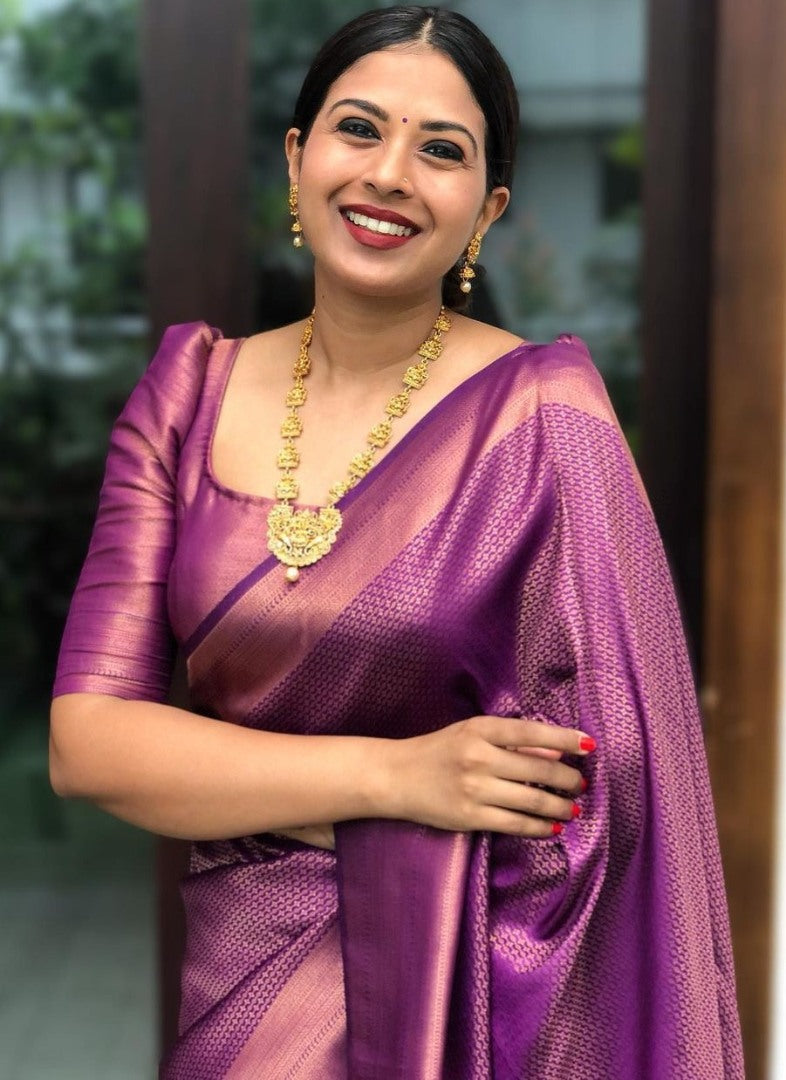 Purple jacquard weaving work banarasi silk saree for wedding