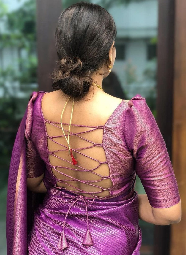 Purple jacquard weaving work banarasi silk saree for wedding