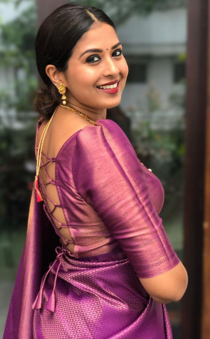 Purple jacquard weaving work banarasi silk saree for wedding