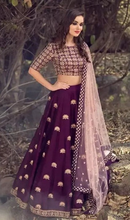 Purple malai satin designer embroidered wedding lehenga