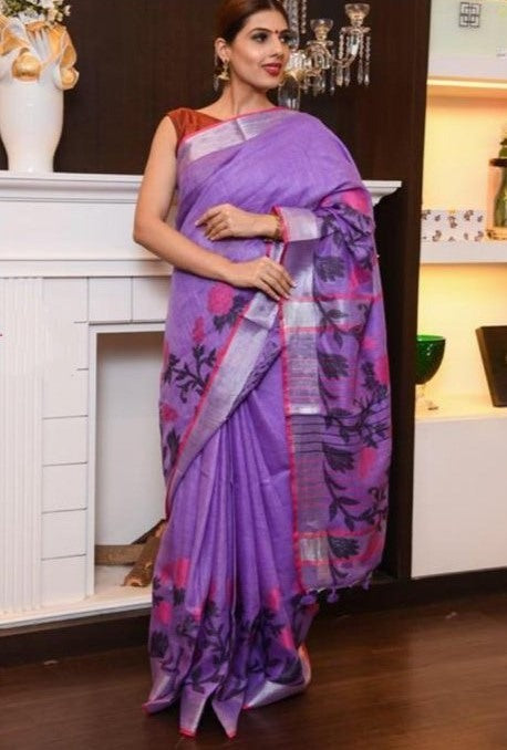 purple pure linen satin patta printed saree