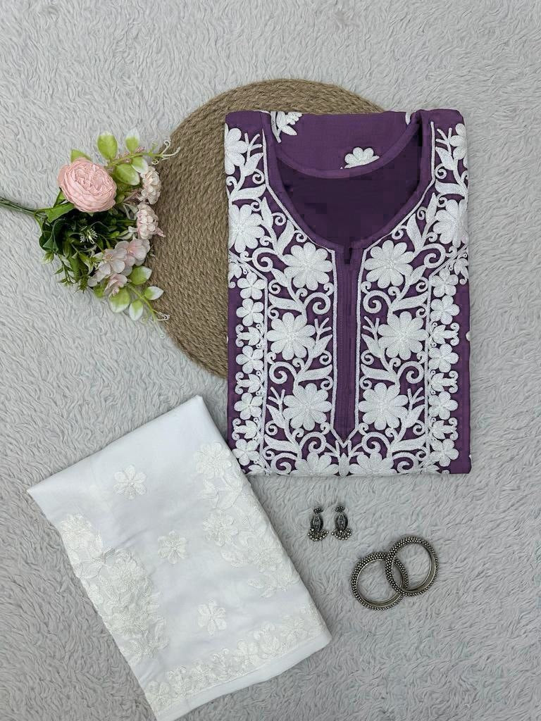 Purple rayon chainstitch work plazzo kurti
