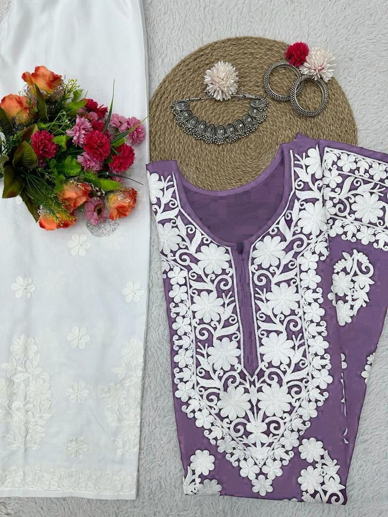 Purple rayon chainstitch work plazzo kurti