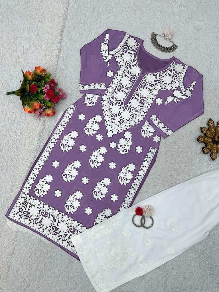 Purple rayon chainstitch work plazzo kurti