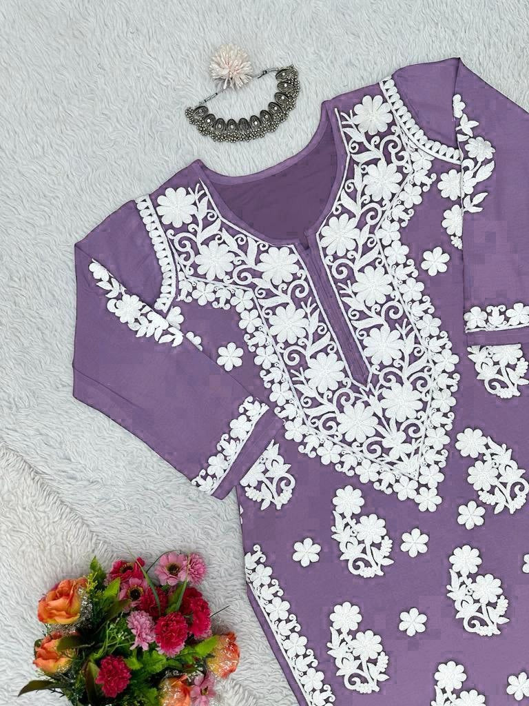 Purple rayon chainstitch work plazzo kurti