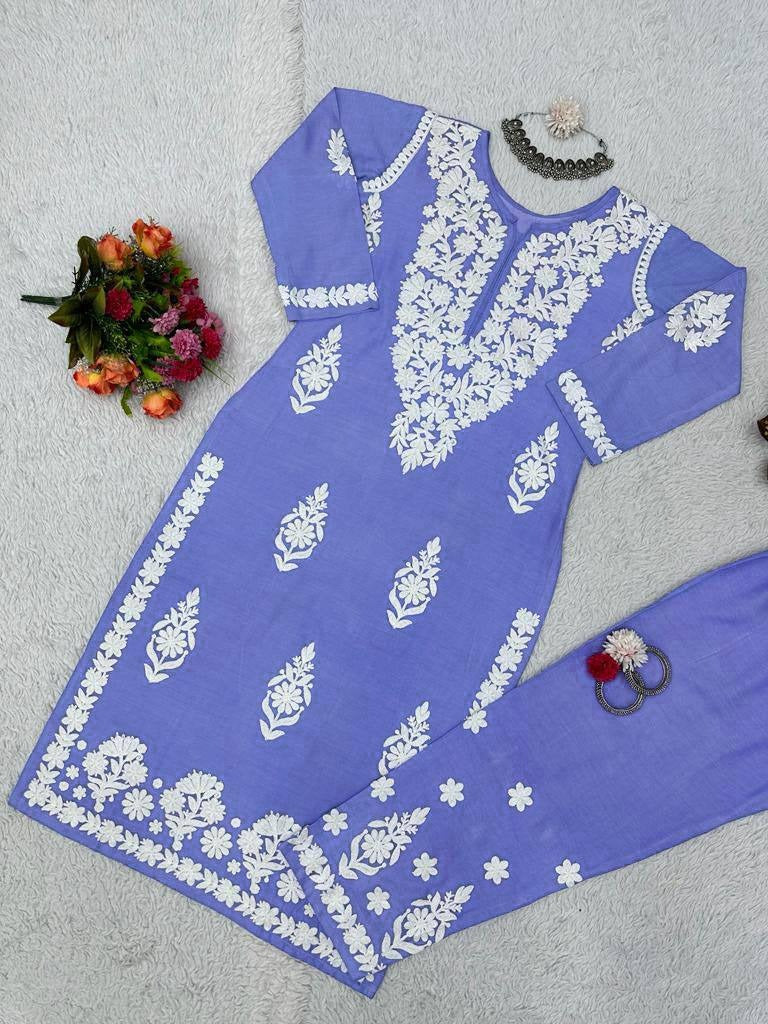 Purple rayon chikankari work summer kurti