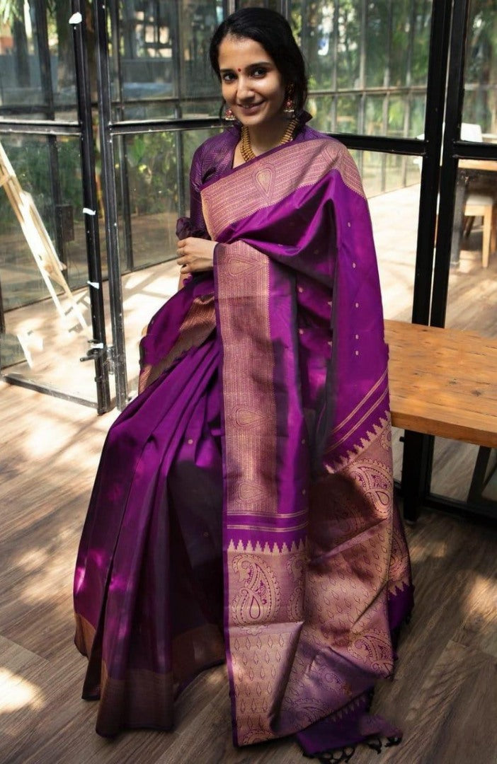 Purple soft lichi silk jacquard weaving work ceremonial saree