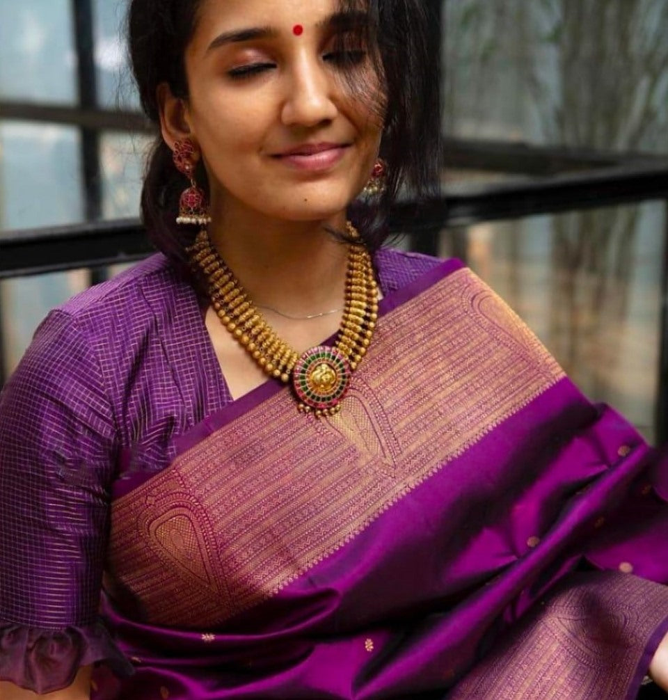 Purple soft lichi silk jacquard weaving work ceremonial saree