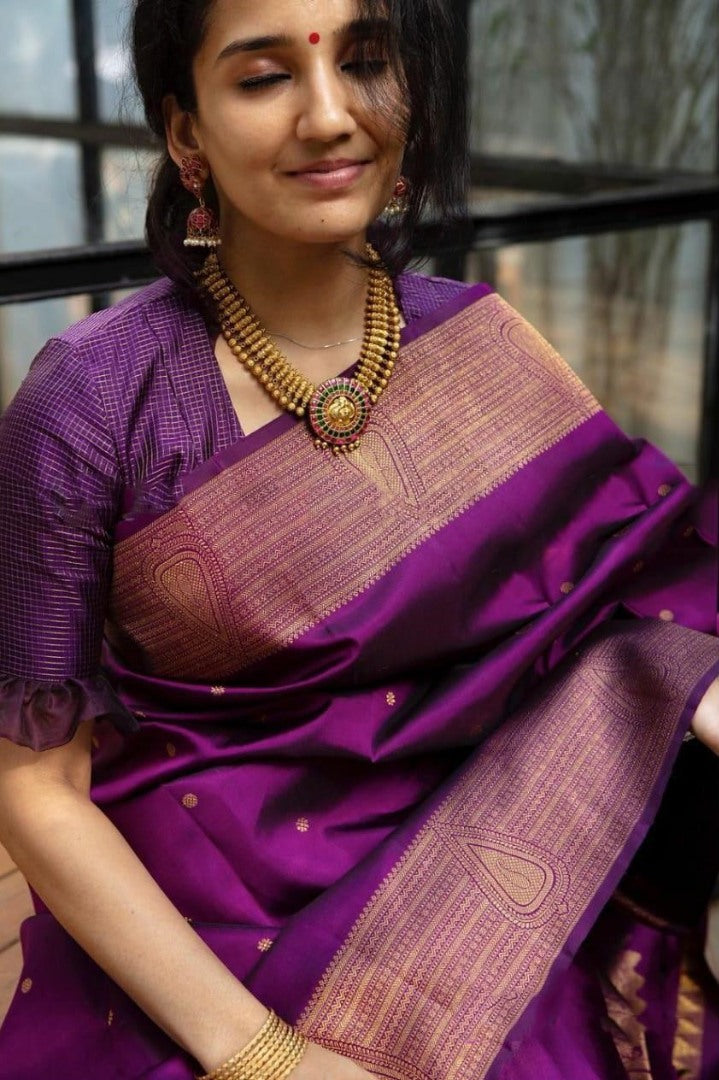 Purple soft lichi silk jacquard weaving work ceremonial saree