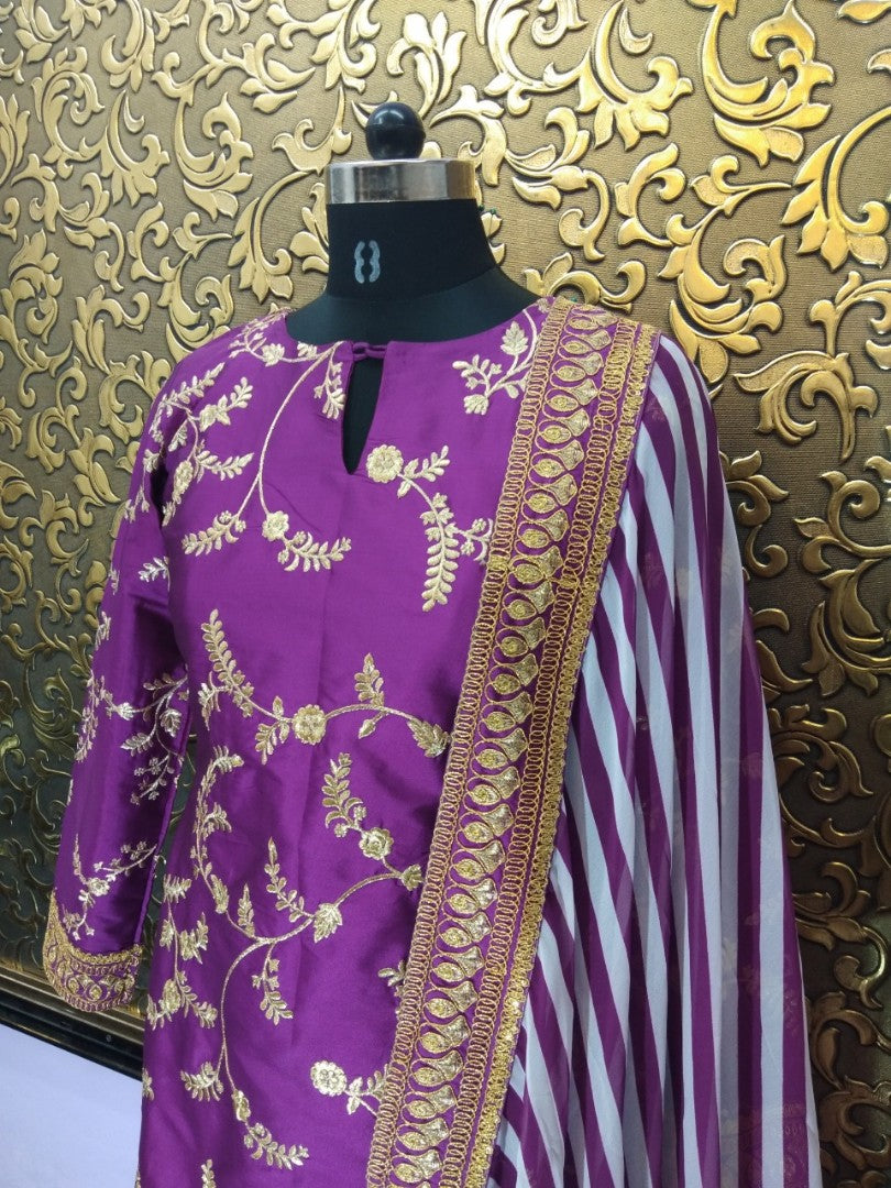 Purple tapeta silk embroidered bollywood style plazzo suit