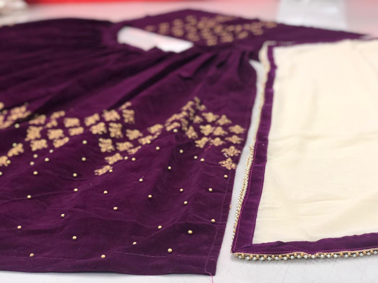 Purple velvet designer embroidered ceremonial lehenga choli