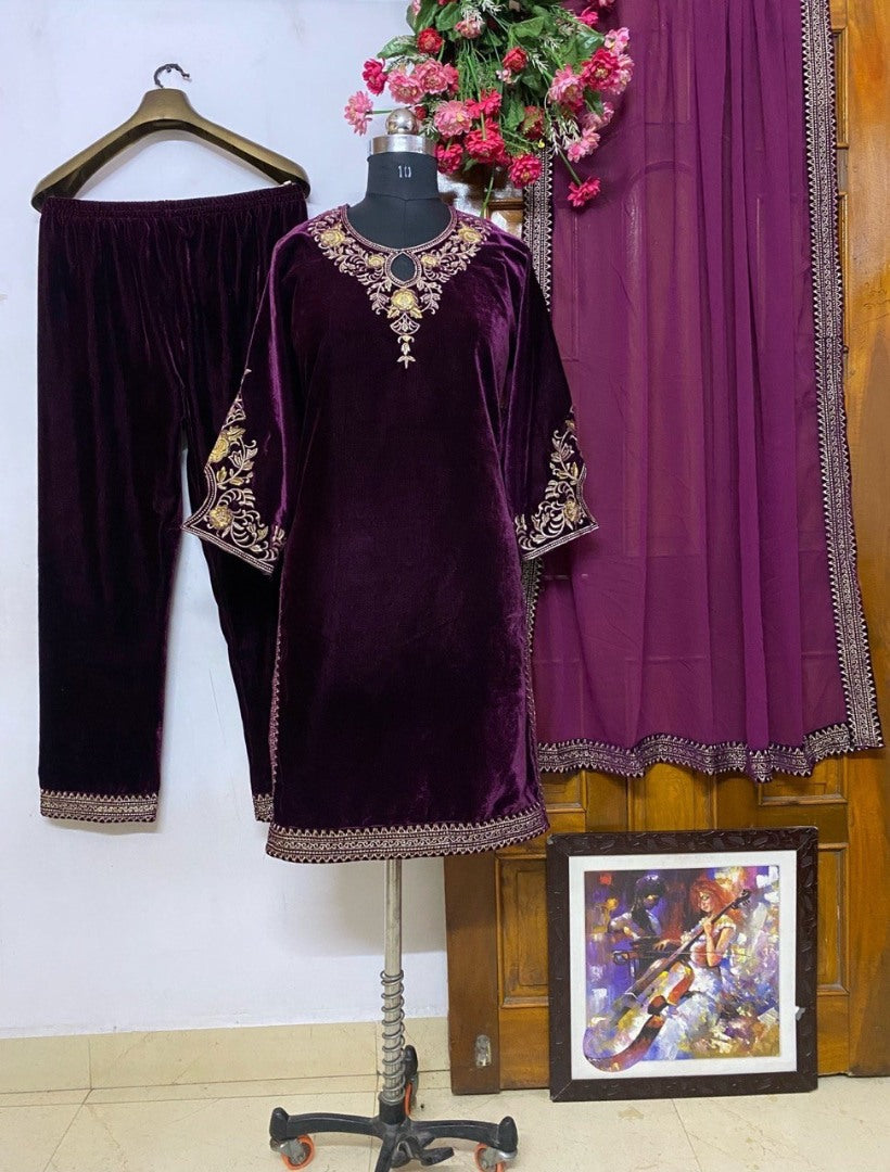 Purple velvet embroidered party wear salwar suit