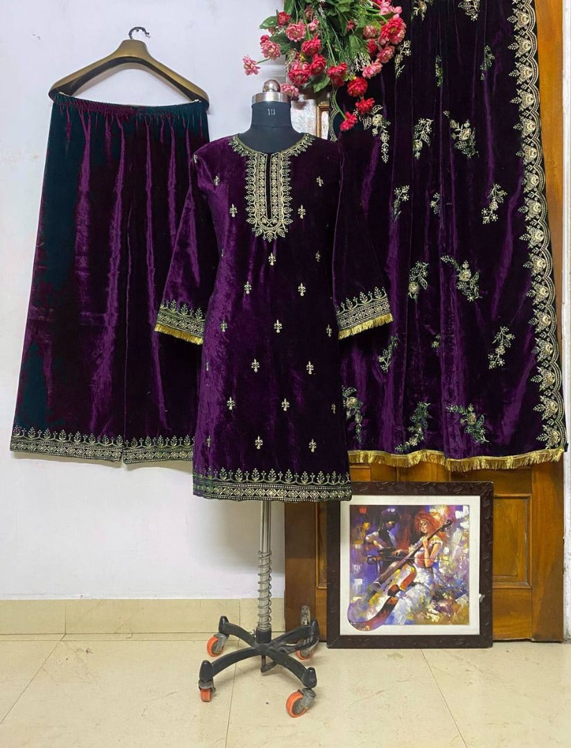 Purple velvet embroidery work plazzo suit