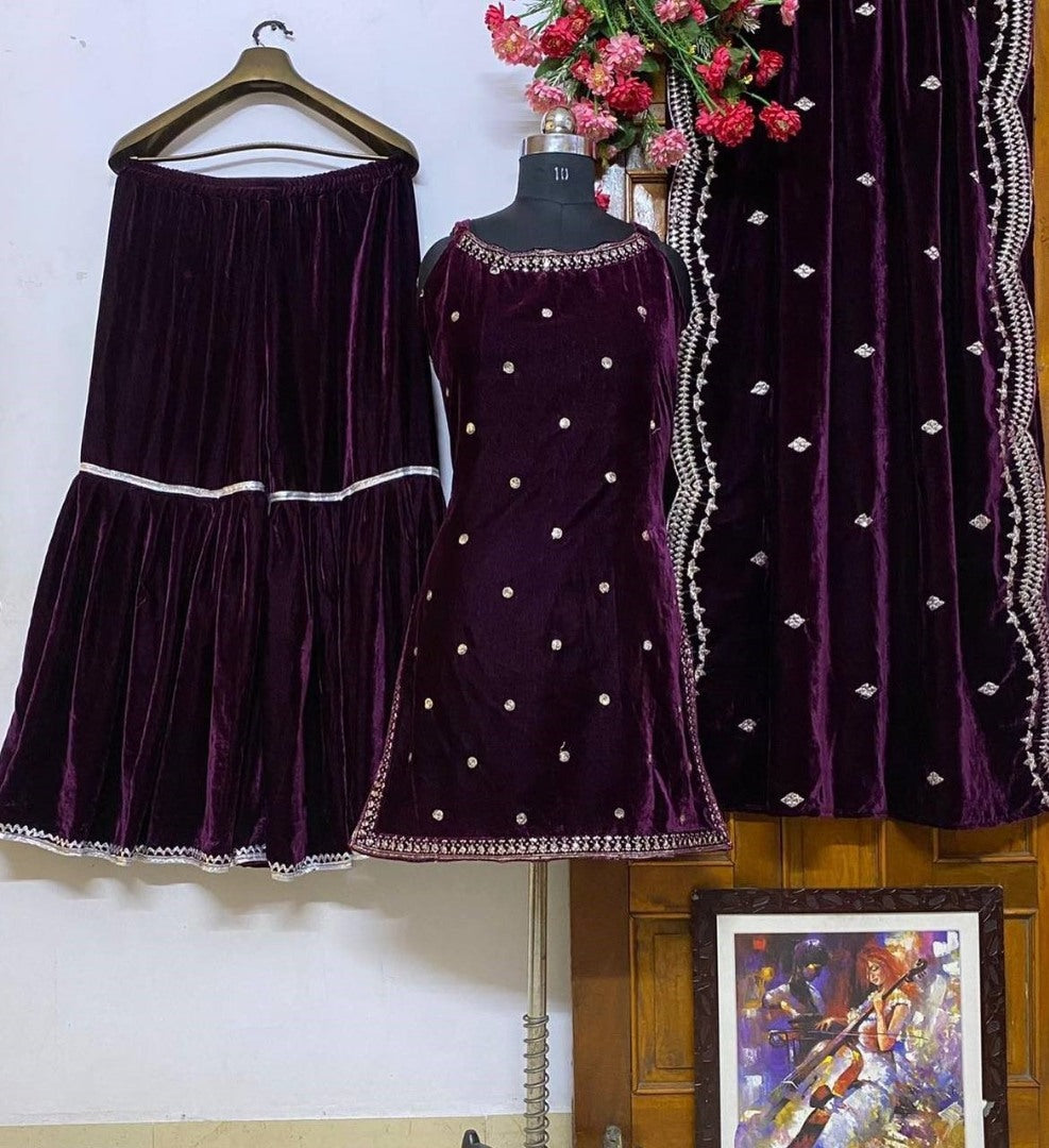 Purple velvet embroidery worked plazzo suit