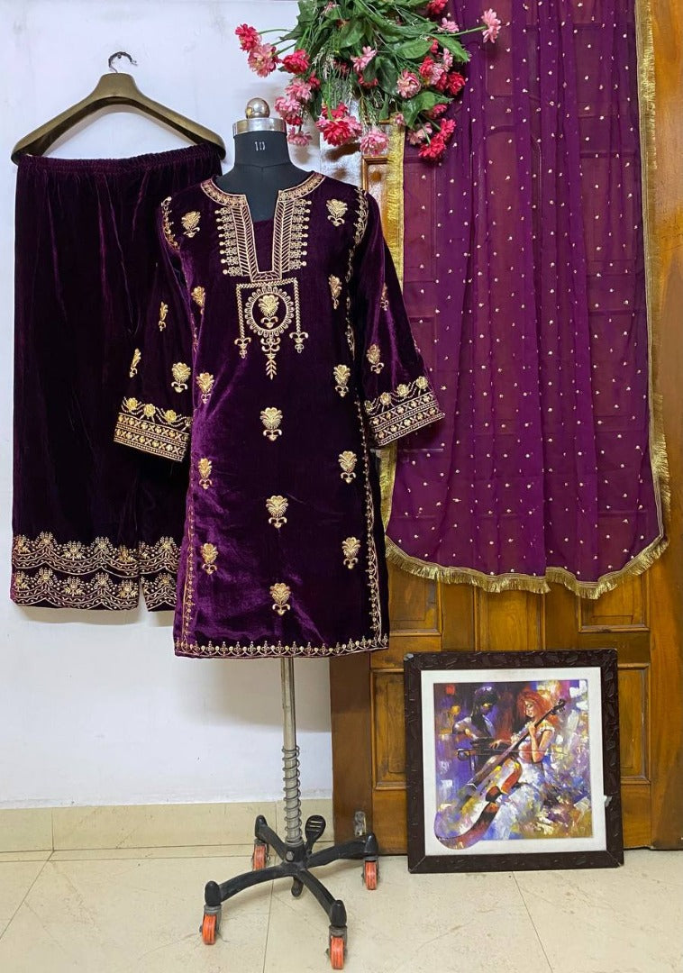Purple velvet embroidery worked plazzo suit