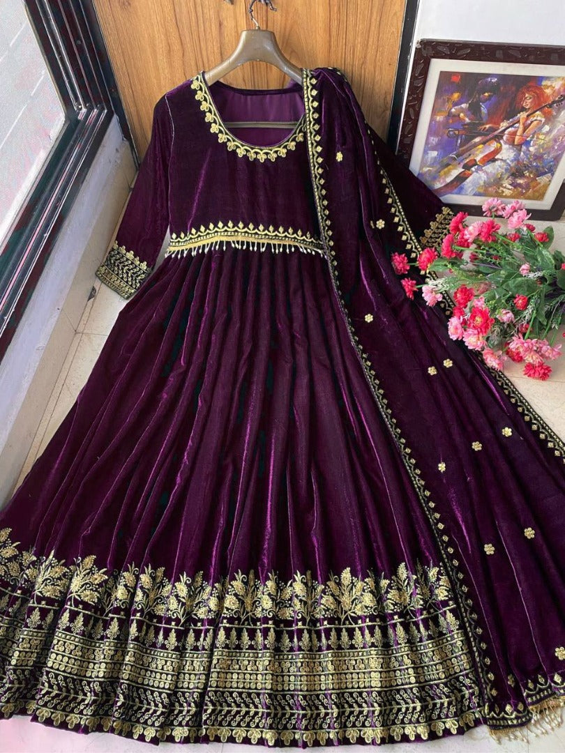 Purple velvet embroidery worked wedding gown
