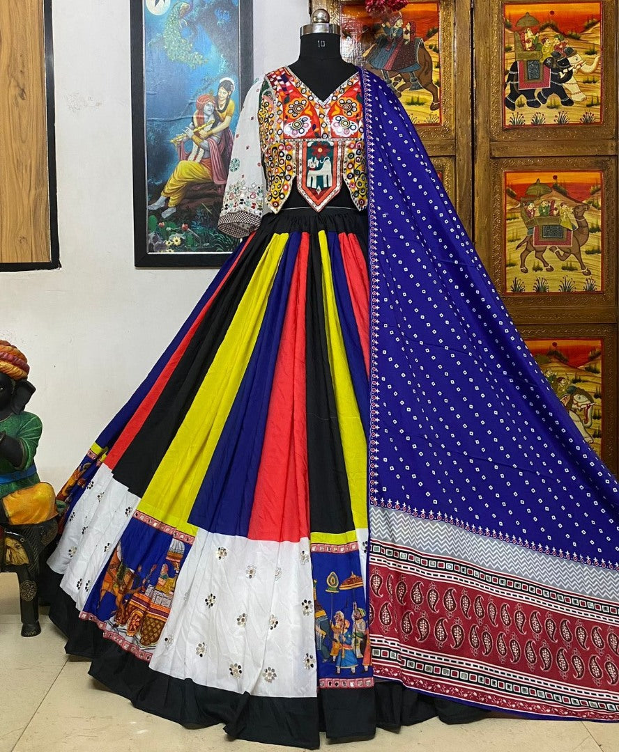 Rainbow cotton print and mirror work gujarati garba navratri lehenga chaniya choli