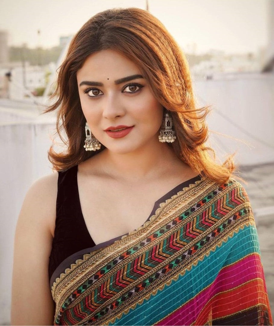 Rainbow multicolor color thread sequence embroidery work designer saree