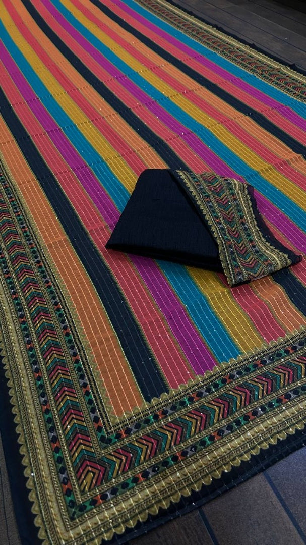 Rainbow multicolor color thread sequence embroidery work designer saree