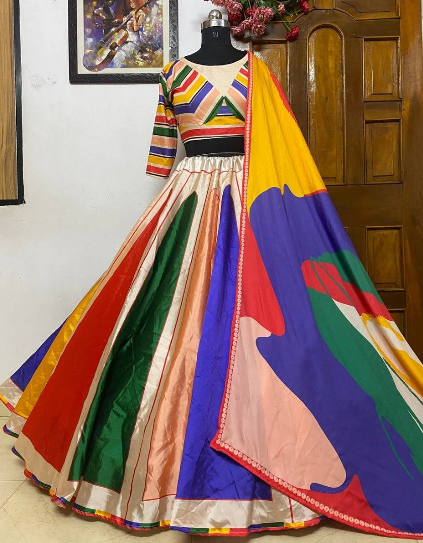 Rainbow printed taffeta silk umbrella flair lehenga choli