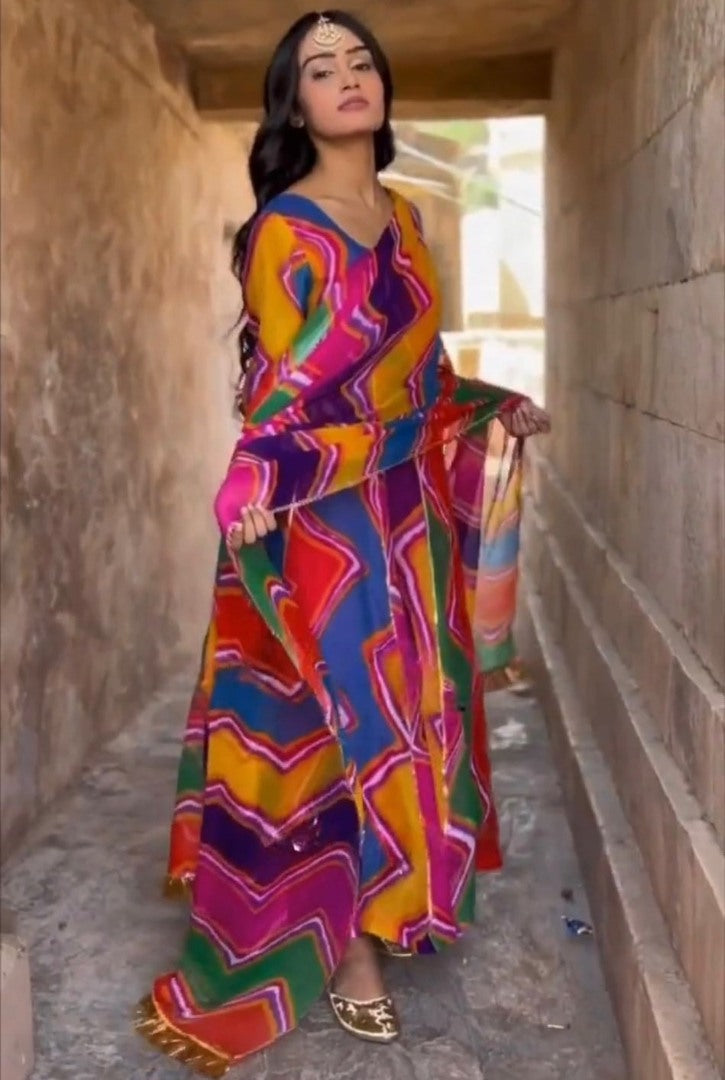 Rainbow printed tibby silk anarkali suit