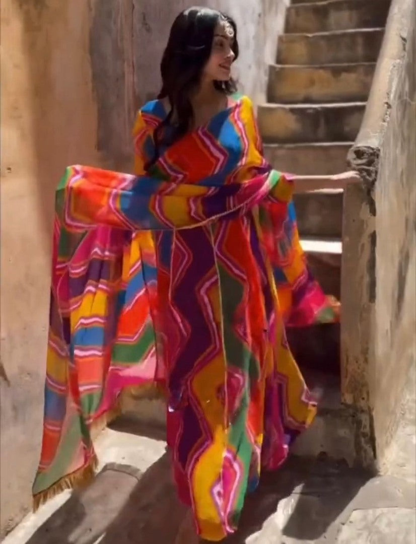 Rainbow printed tibby silk anarkali suit