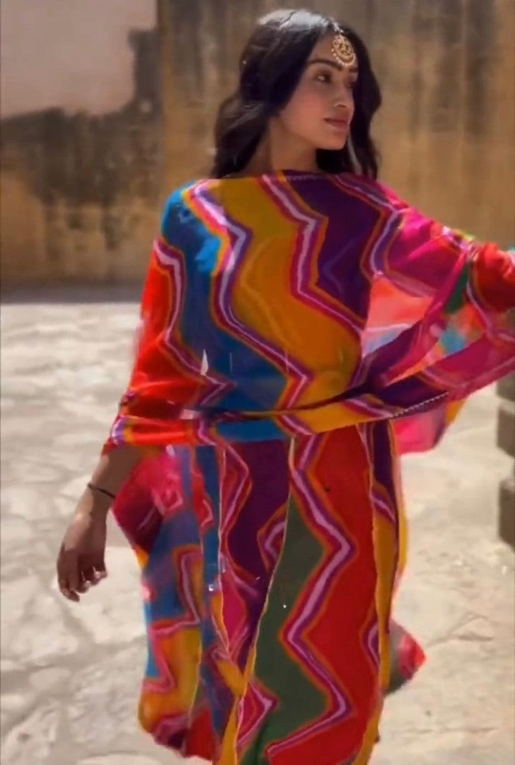 Rainbow printed tibby silk anarkali suit