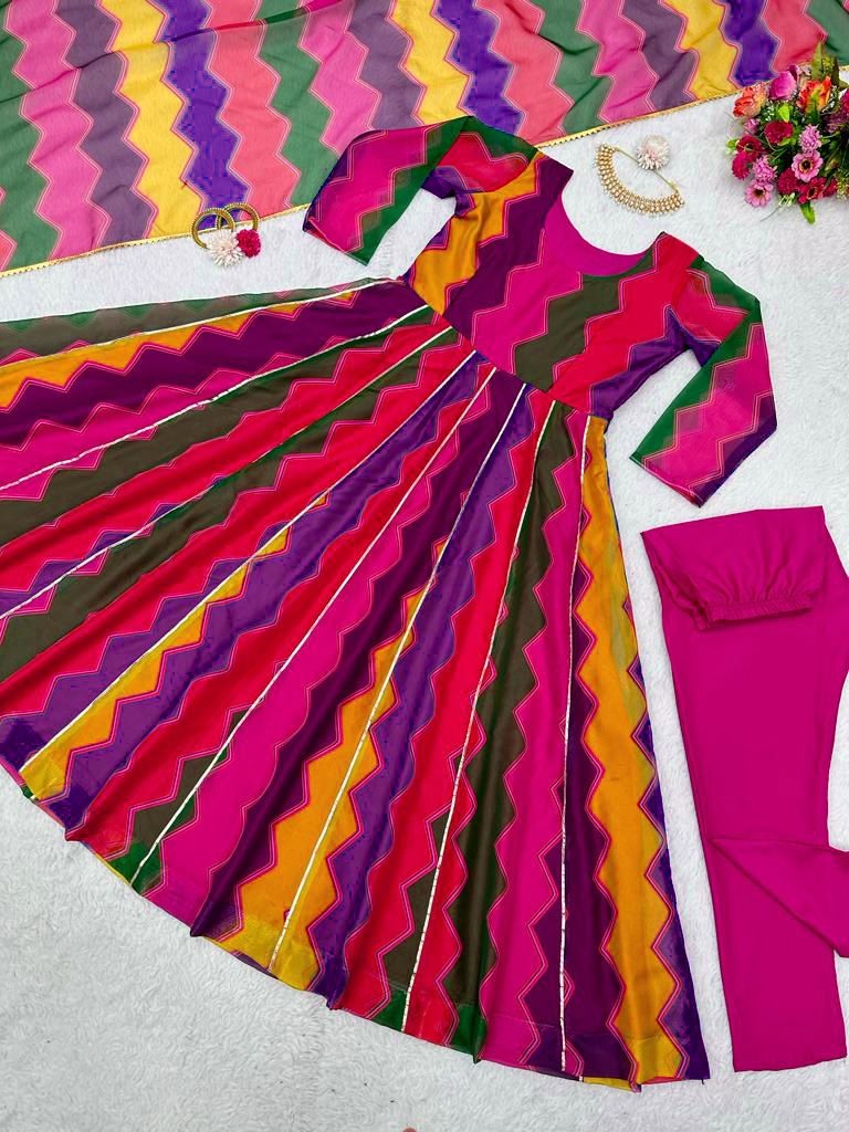 Rainbow printed tibby silk anarkali suit