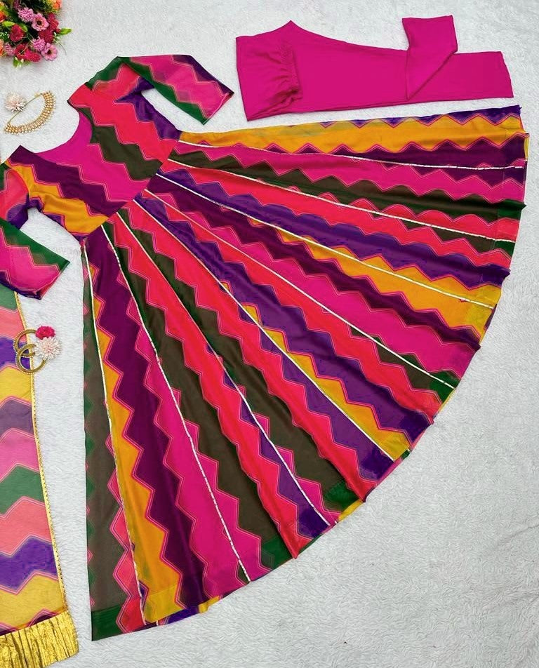 Rainbow printed tibby silk anarkali suit