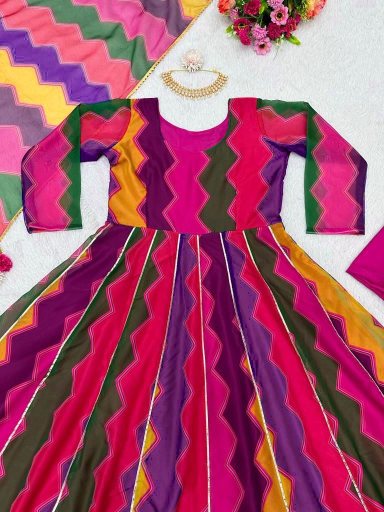 Rainbow printed tibby silk anarkali suit