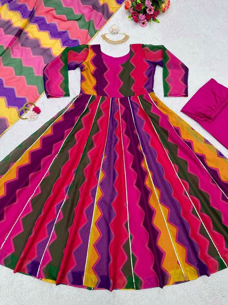 Rainbow printed tibby silk anarkali suit