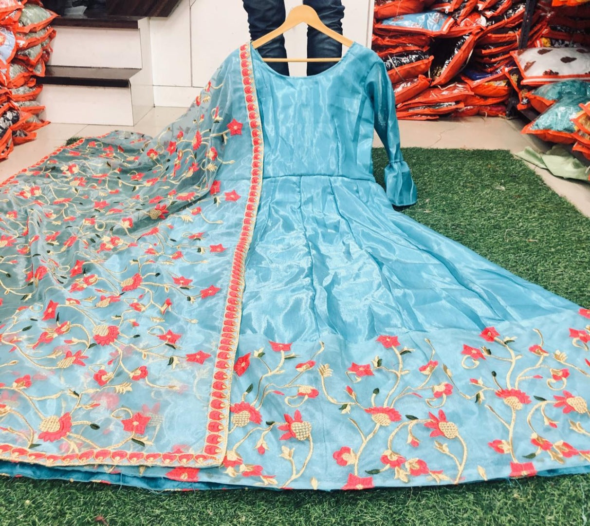 Rama banglory satin embroidered long gown with dupatta