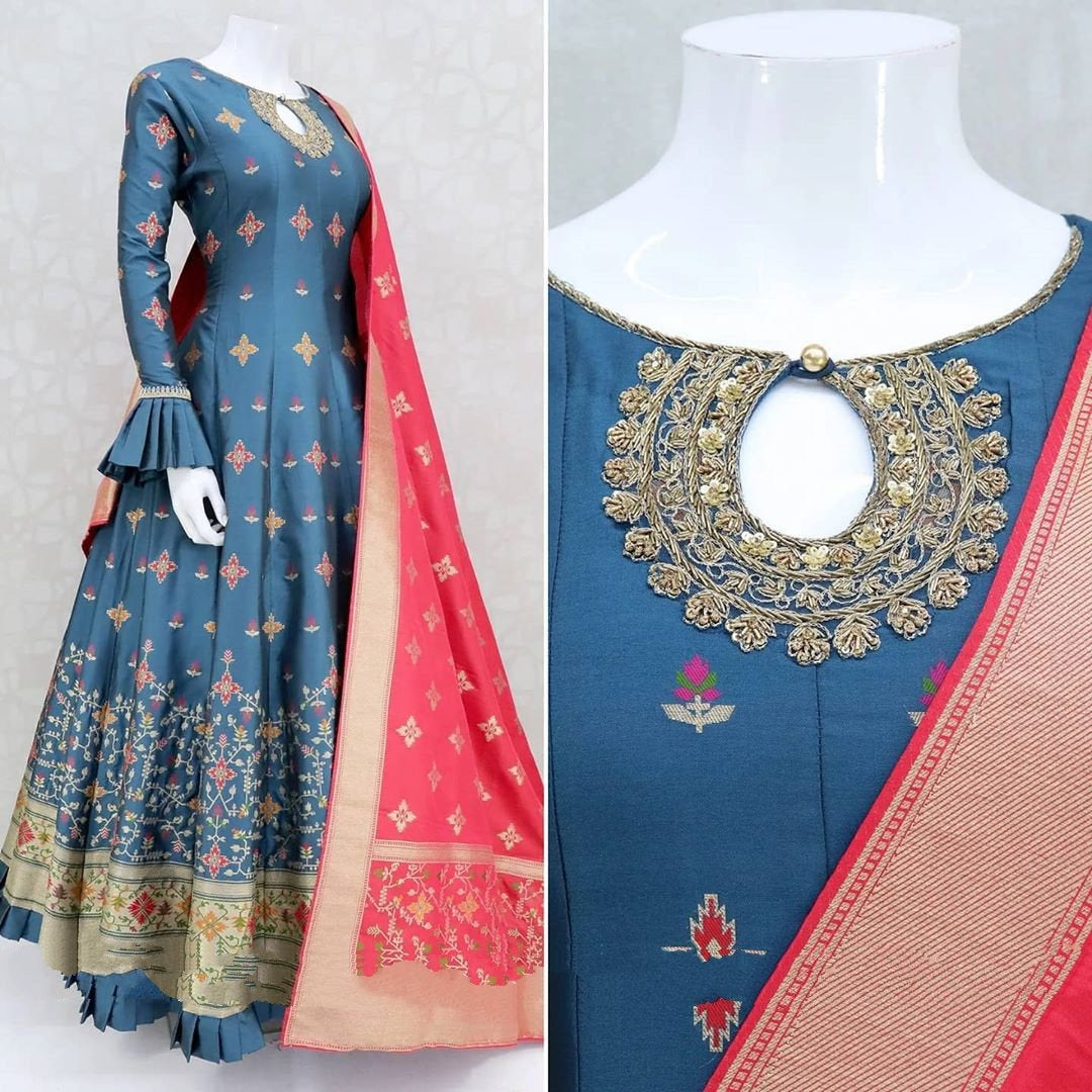 Rama blue dull satin digital printed gown