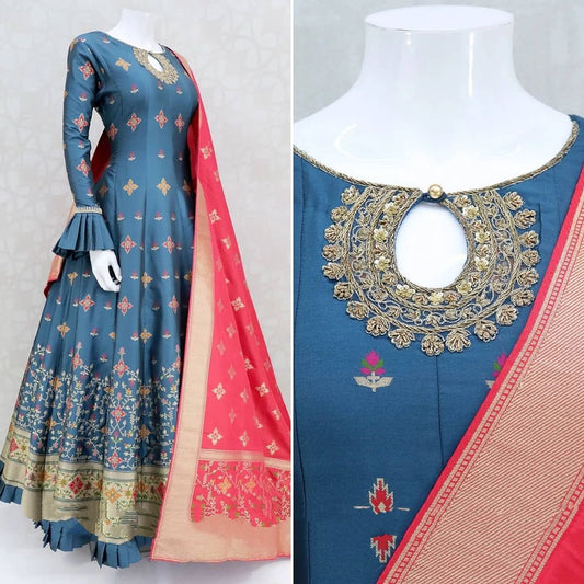 Rama blue dull satin digital printed gown