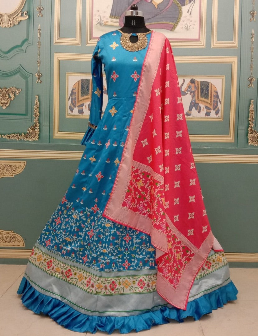 Rama blue dull satin digital printed gown