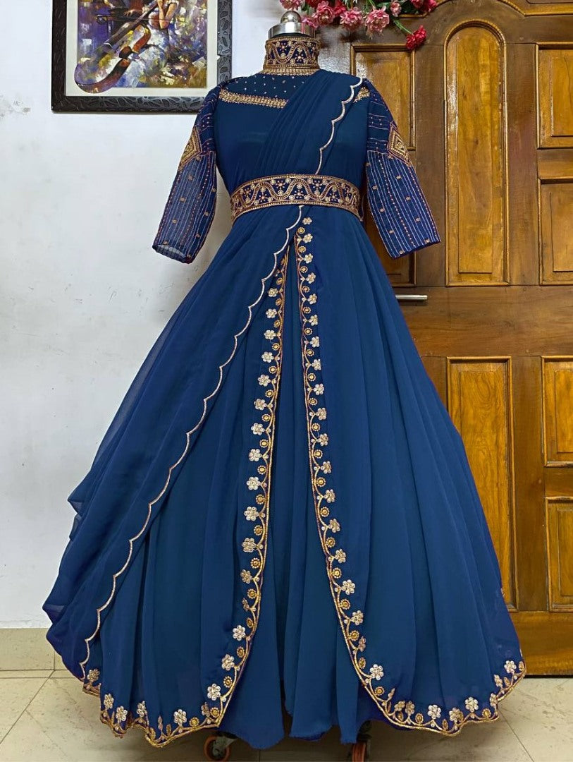 Rama georgette embroidery work indowestern party wear gown