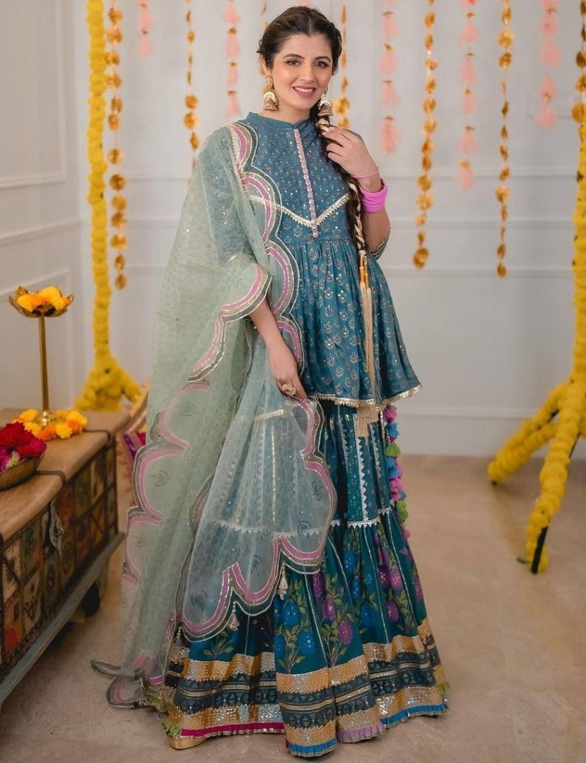 Rama georgette print and gotapatti work sharara suit