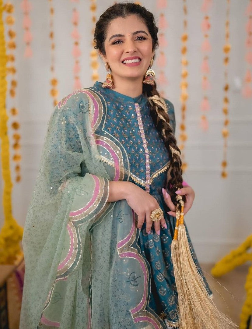 Rama georgette print and gotapatti work sharara suit