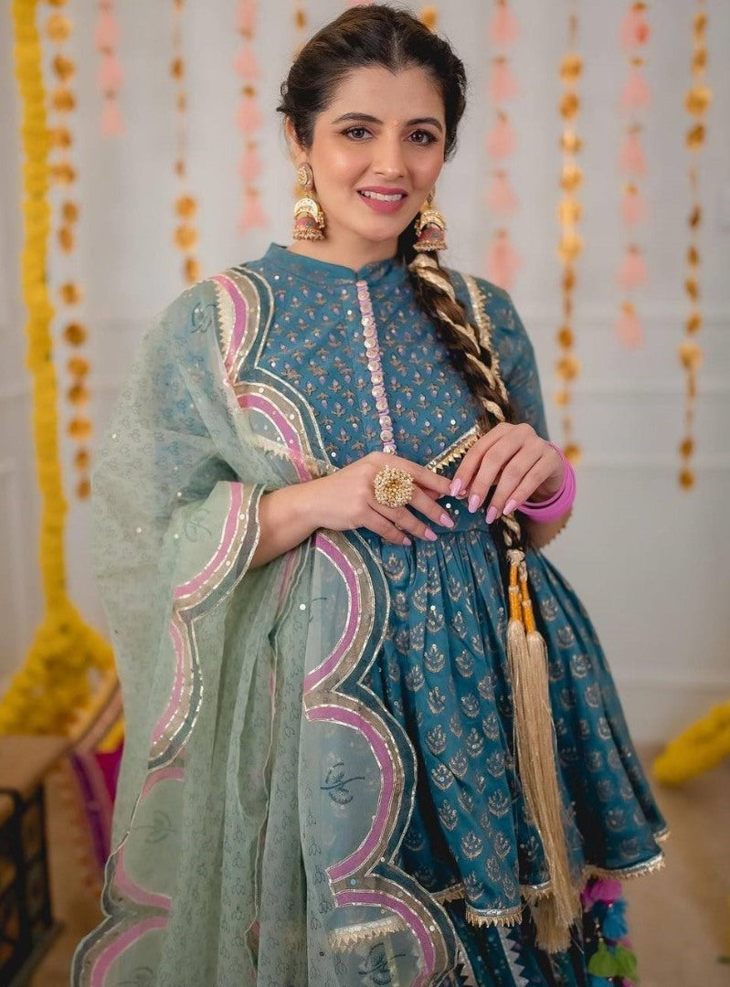 Rama georgette print and gotapatti work sharara suit