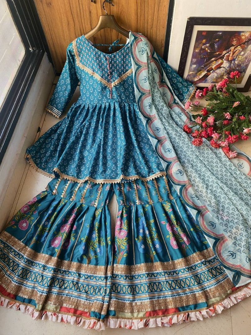 Rama georgette print and gotapatti work sharara suit