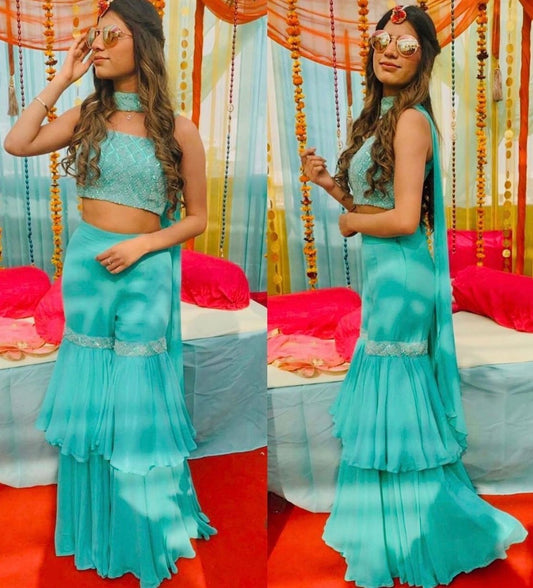 Rama georgette sequence and thread work sharara suit