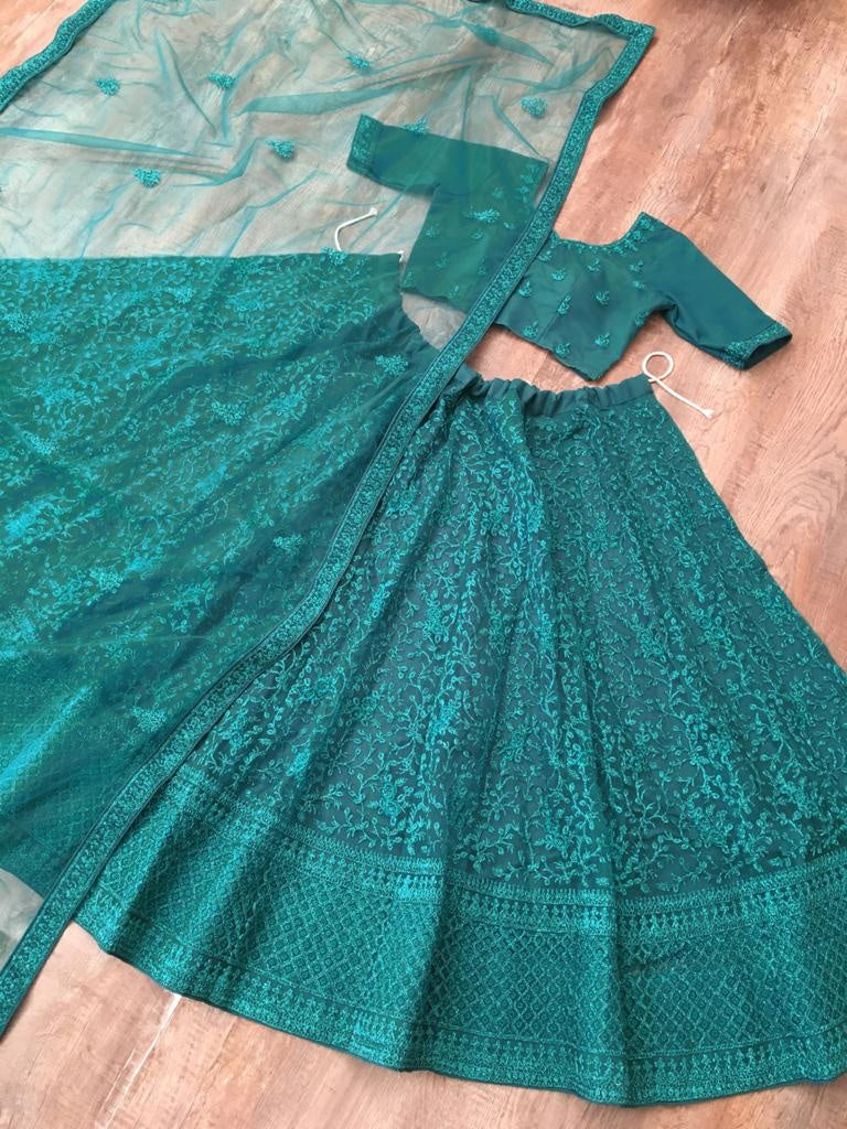 Rama green net glitter zari embroidery work lehenga choli