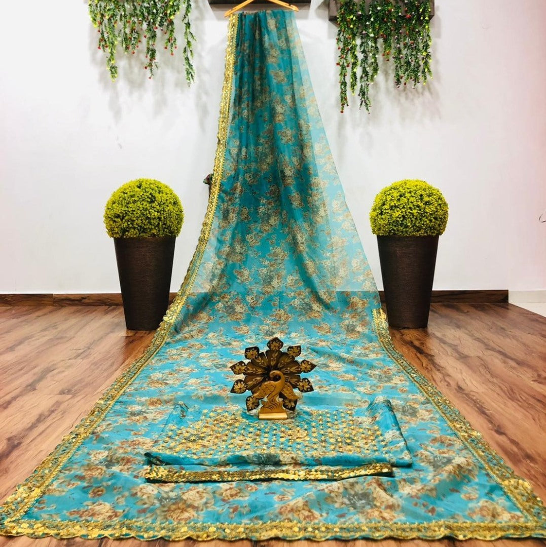 Rama organza sequence embroidered work party wear saree