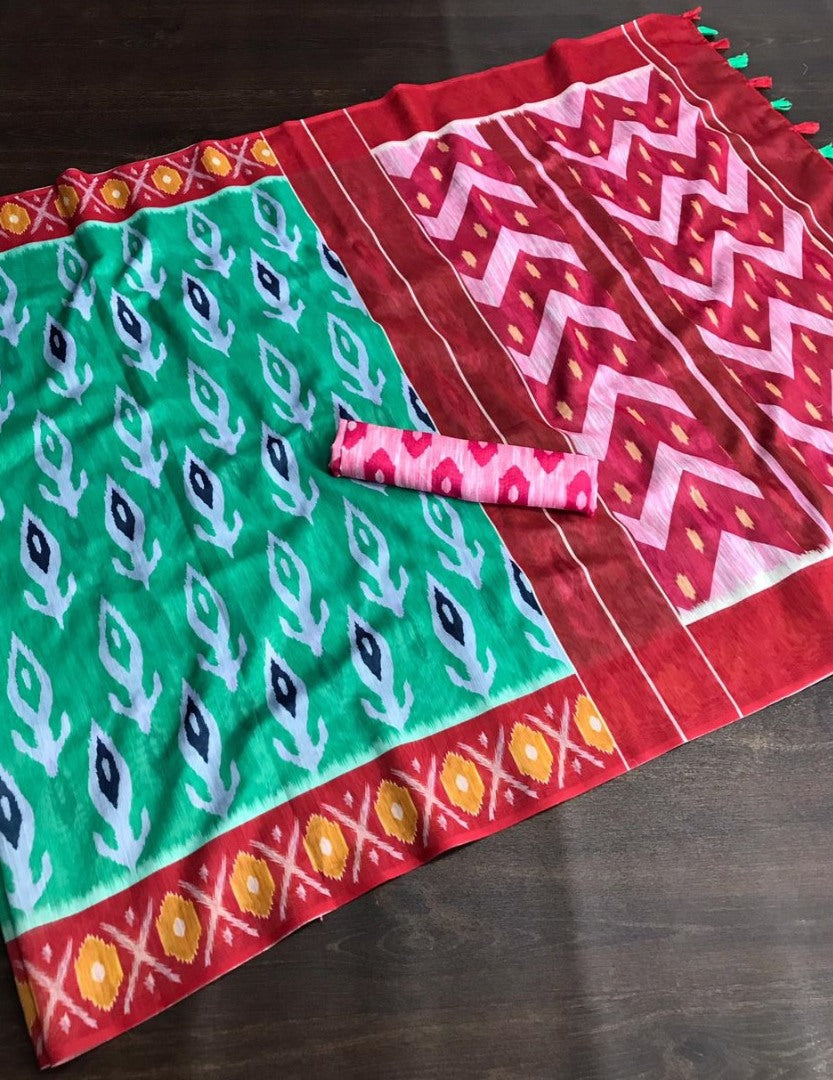 Rama slub linen cotton digital printed work saree