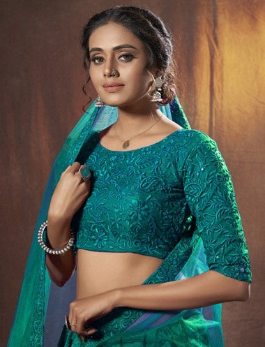 Rama soft net sequence thread work ceremonial lehenga choli