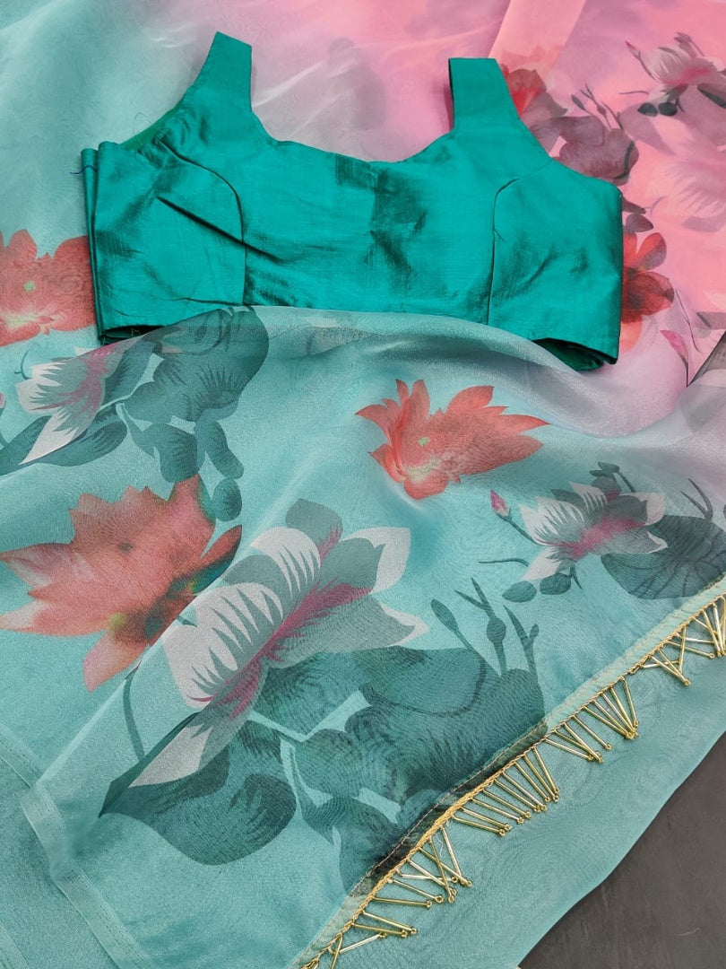 Rama soft organza fancy jhalar and printed work saree