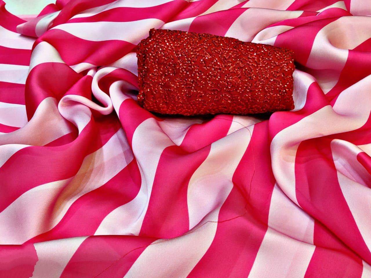 Rani and baby pink stripe satin georgette partywear saree