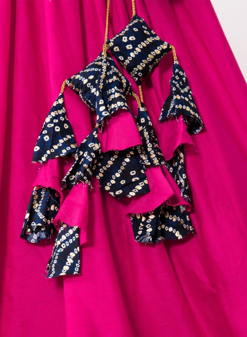 Rani pink cotton bandhni print crop top lehenga